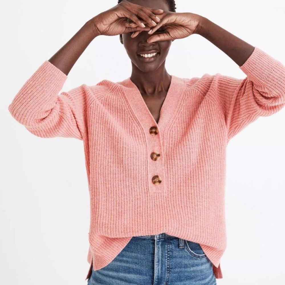 Madewell Pink Ribbed Lyle Henley Sweater
